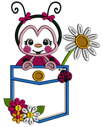 Cute Ladybug Inside The Pocket With a Daisy Flower Applique Machine Embroidery Design Digitized Pattern