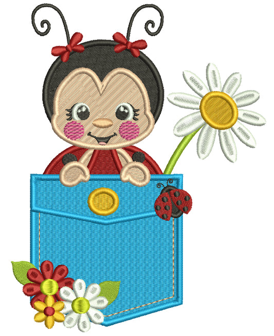 Cute Ladybug Inside The Pocket With a Daisy Flower Filled Machine Embroidery Design Digitized Pattern