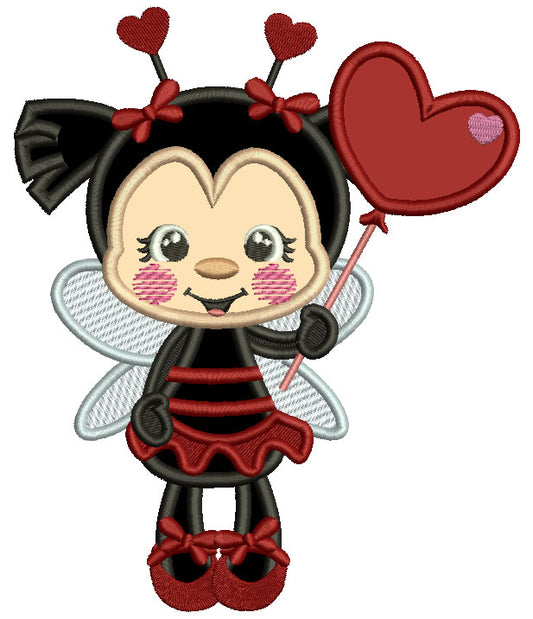 Cute Ladybug With Heart Shaped Balloon Applique Valentine's Day Machine Embroidery Design Digitized Pattern