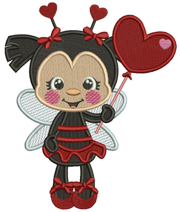Cute Ladybug With Heart Shaped Balloon Filled Valentine's Day Machine Embroidery Design Digitized Pattern