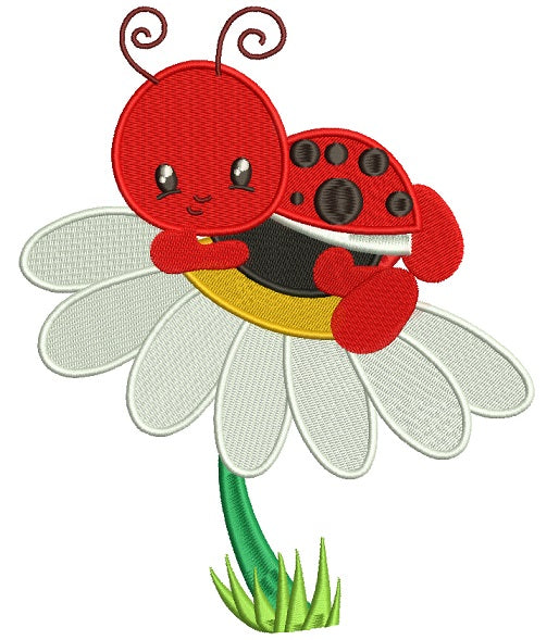 Cute Ladybug on a Daisy Filled Machine Embroidery Digitized Design Pattern