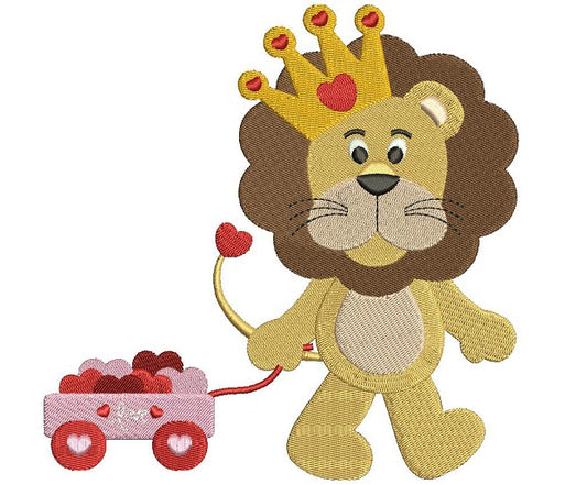 Cute Lion With a Crown and a Wagon With Hearts Filled Machine Embroidery Digitized Design Pattern