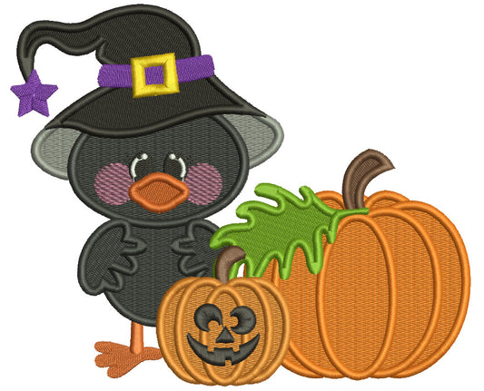 Cute Littel Crow Wizard WIth Pumpkins Halloween Filled Machine Embroidery Design Digitized Pattern