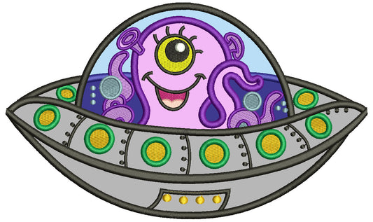Cute Little Alien In The Space Ship Applique Machine Embroidery Design Digitized Pattern