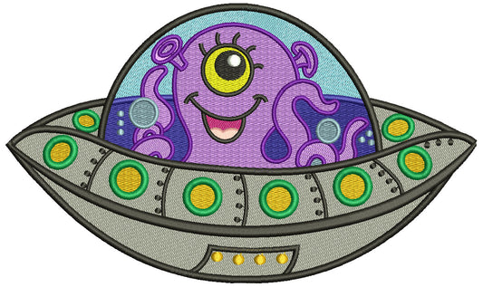 Cute Little Alien In The Space Ship Filled Machine Embroidery Design Digitized Pattern