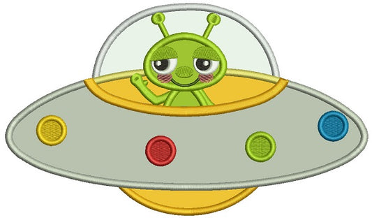 Cute Little Alien Inside Spaceship Applique Machine Embroidery Design Digitized Pattern