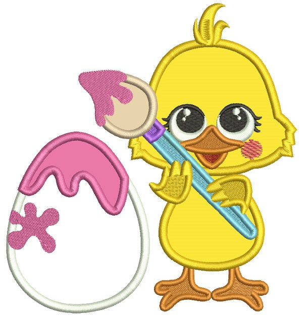 Cute Little Artist Chick Holding Huge Brush Easter Applique Machine Embroidery Design Digitized Pattern