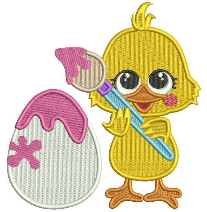 Cute Little Artist Chick Holding Huge Brush Easter Filled Machine Embroidery Design Digitized Pattern