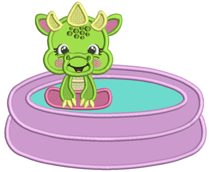 Cute Little Baby Dino Swimming in The Pool Applique Machine Embroidery Design Digitized Pattern