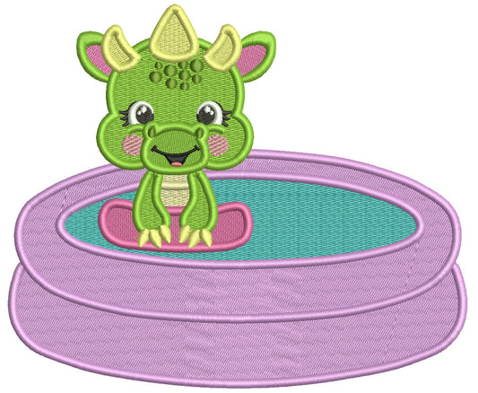 Cute Little Baby Dino Swimming in The Pool Filled Machine Embroidery Design Digitized Pattern
