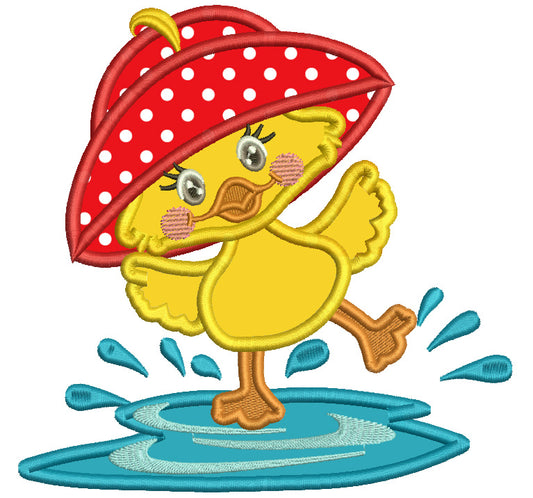 Cute Little Baby Duck Wearing Big Hat Splashing In The Puddle Applique Machine Embroidery Design Digitized Pattern