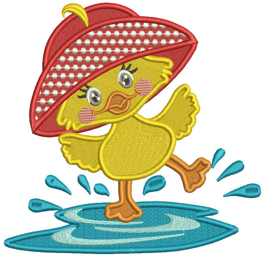 Cute Little Baby Duck Wearing Big Hat Splashing In The Puddle Filled Machine Embroidery Design Digitized Pattern