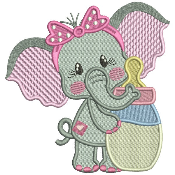 Cute Little Baby Elephant Holding Milk Bottle Filled Machine Embroidery Design Digitized Pattern