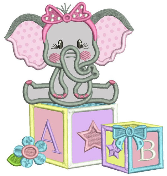 Cute Little Baby Elephant Sitting On ABC Blocks School Applique Machine Embroidery Design Digitized Pattern