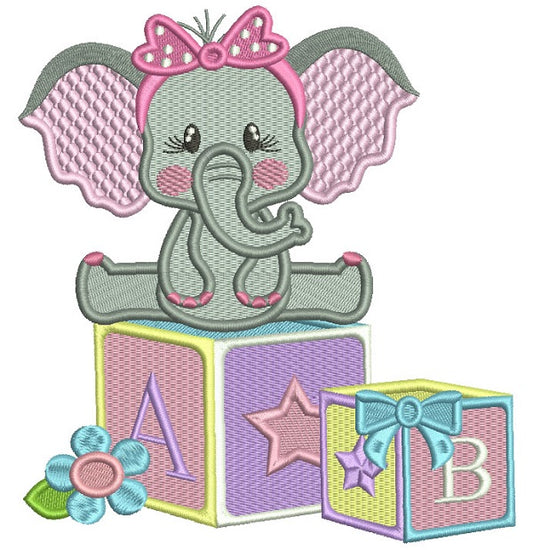 Cute Little Baby Elephant Sitting On ABC Blocks School Filled Machine Embroidery Design Digitized Pattern