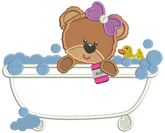 Cute Little Baby Girl Bear In a Bathtub Applique Machine Embroidery Design Digitized Pattern