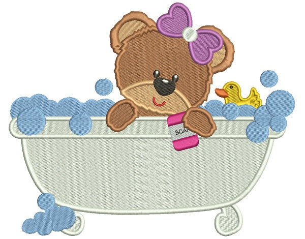 Cute Little Baby Girl Bear In a Bathtub Filled Machine Embroidery Design Digitized Pattern