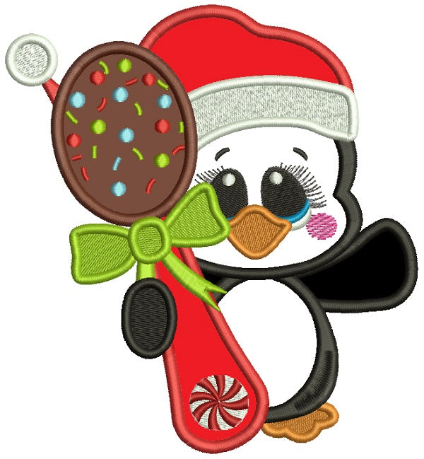 Cute Little Baby Penguin Wearing Santa Christmas Applique Machine Embroidery Design Digitized Pattern