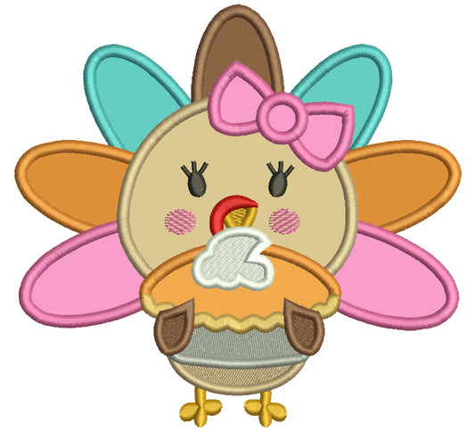 Cute Little Baby Turkey With Pretty Bow Holding Pumpkin Pie Thanksgiving Applique Machine Embroidery Design Digitized Pattern