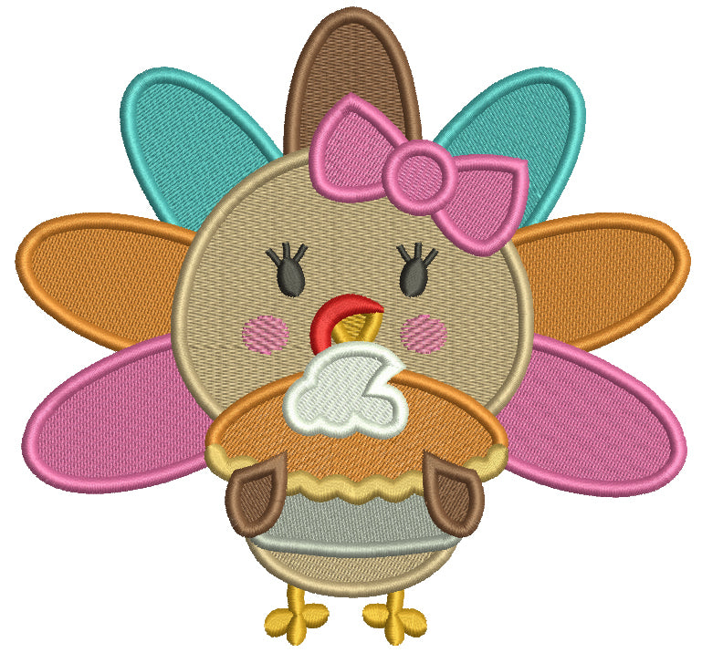 Cute Little Baby Turkey With Pretty Bow Holding Pumpkin Pie Thanksgiving Filled Machine Embroidery Design Digitized Pattern