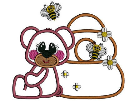 Cute Little Bear And Bees Applique Machine Embroidery Design Digitized Pattern