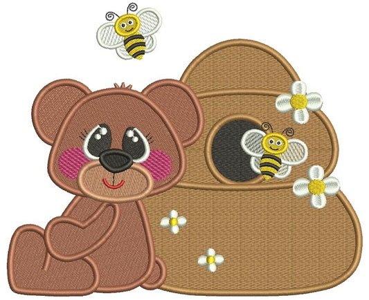 Cute Little Bear And Bees Filled Machine Embroidery Design Digitized Pattern