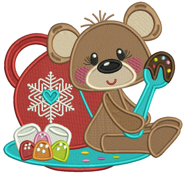 Cute Little Bear Eating Chocolate Christmas Filled Machine Embroidery Design Digitized Pattern