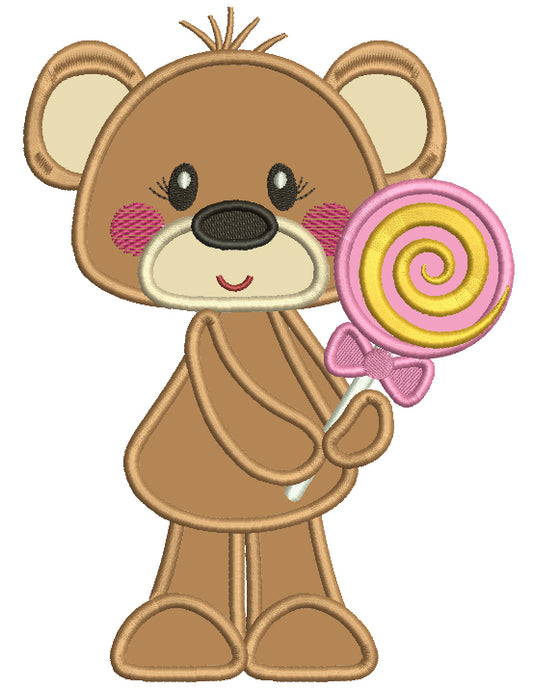 Cute Little Bear Girl Holding Lollipop Applique Machine Embroidery Design Digitized Pattern