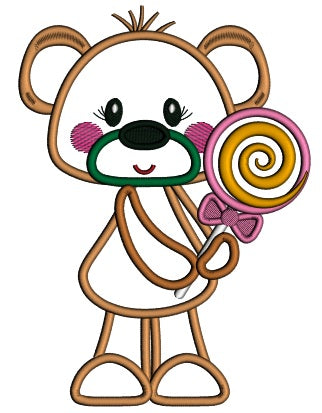 Cute Little Bear Girl Holding Lollipop Applique Machine Embroidery Design Digitized Pattern