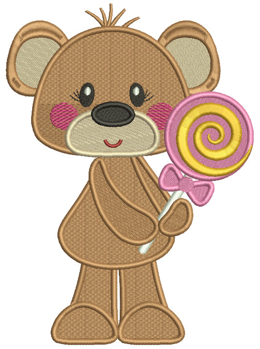 Cute Little Bear Girl Holding Lollipop Filled Machine Embroidery Design Digitized Pattern