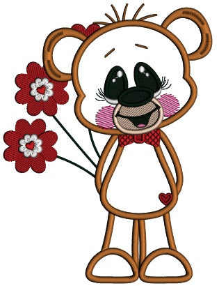 Cute Little Bear Holding Flowers Applique Machine Embroidery Design Digitized Pattern