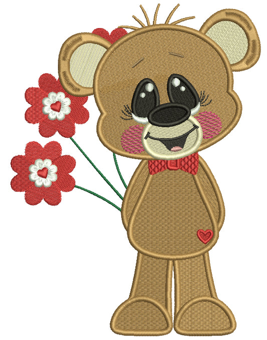 Cute Little Bear Holding Flowers Filled Machine Embroidery Design Digitized Pattern