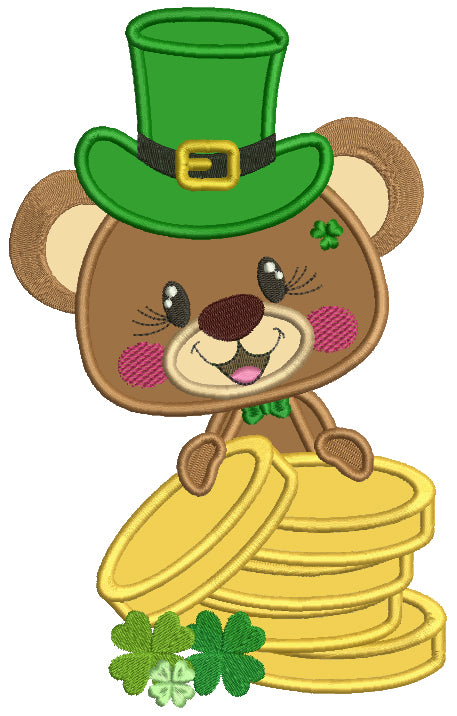 Cute Little Bear Holding Gold Coins St. Patrick's Applique Machine Embroidery Design Digitized Pattern