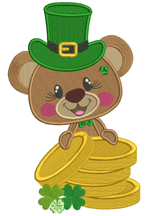 Cute Little Bear Holding Gold Coins St. Patrick's Filled Machine Embroidery Design Digitized Pattern