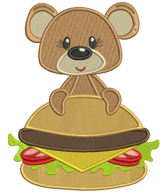 Cute Little Bear Holding Hamburger Filled Machine Embroidery Design Digitized Pattern