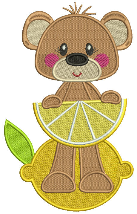 Cute Little Bear Holding Lemon Slice Filled Machine Embroidery Design Digitized Pattern