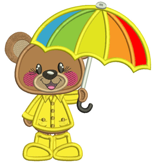 Cute Little Bear Holding Umbrella Spring Applique Machine Embroidery Design Digitized Pattern