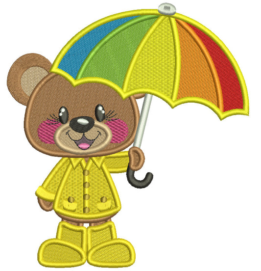 Cute Little Bear Holding Umbrella Spring Filled Machine Embroidery Design Digitized Pattern