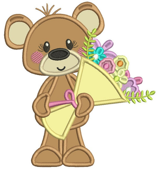 Cute Little Bear Holding a Flower Bouquet Applique Summer Machine Embroidery Design Digitized Pattern
