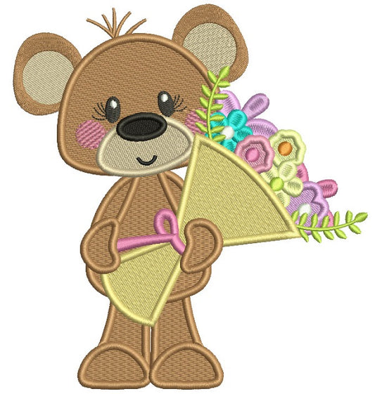 Cute Little Bear Holding a Flower Bouquet Filled Summer Machine Embroidery Design Digitized Pattern