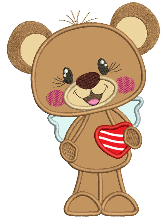 Cute Little Bear Holding a Heart Applique Machine Embroidery Design Digitized Pattern