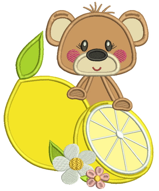Cute Little Bear Holding a Lemon Applique Machine Embroidery Design Digitized Pattern