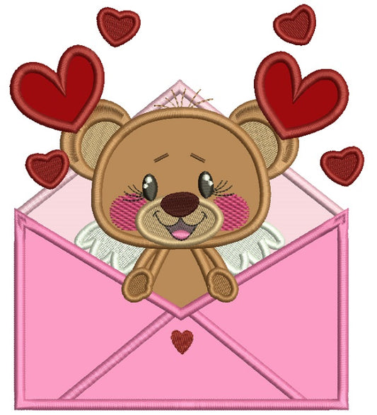 Cute Little Bear Inside Envelope With Hearts Applique Machine Embroidery Design Digitized Pattern