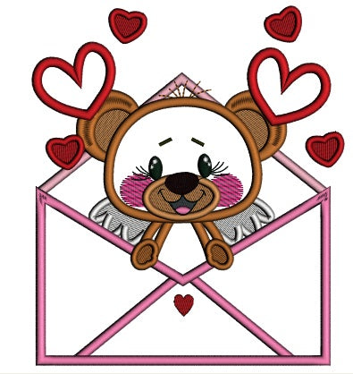 Cute Little Bear Inside Envelope With Hearts Applique Machine Embroidery Design Digitized Pattern