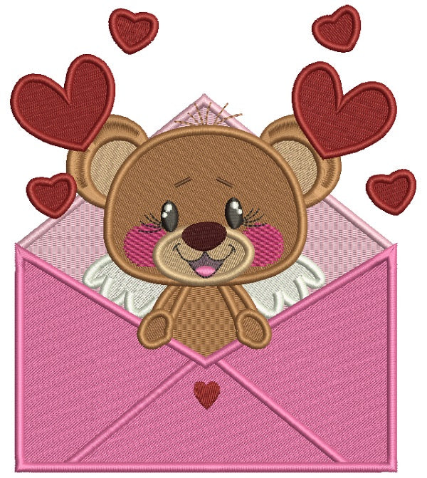 Cute Little Bear Inside Envelope With Hearts Filled Machine Embroidery Design Digitized Pattern