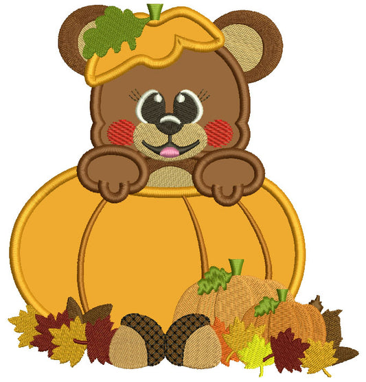 Cute Little Bear Sitting Inside Pumpkin Fall Applique Machine Embroidery Design Digitized Pattern
