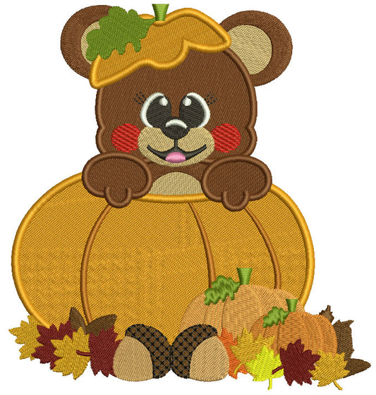 Cute Little Bear Sitting Inside Pumpkin Fall Filled Machine Embroidery Design Digitized Pattern