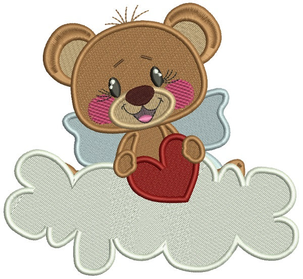 Cute Little Bear Sitting On A Cloud Holding a Big Heart Filled Machine Embroidery Design Digitized Pattern