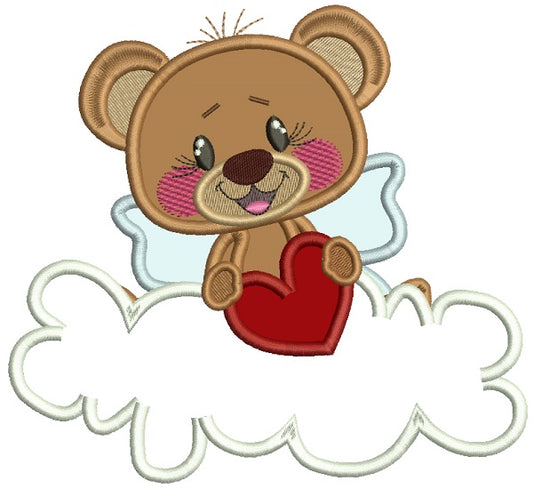 Cute Little Bear Sitting On A Cloud Holding a Big Heart Applique Machine Embroidery Design Digitized Pattern