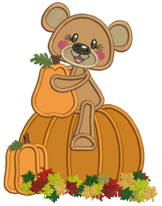 Cute Little Bear Sitting On The Giant Pumpkin With Leaves Fall Applique Machine Embroidery Design Digitized Pattern